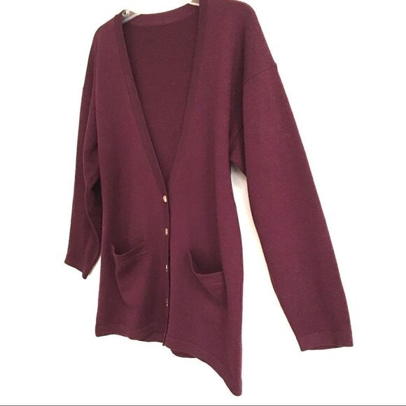 Vintage grandpa ribbed knit sweater M long sleeve burgundy preppy merino wool - Picture 3 of 6